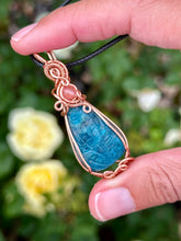 Load image into Gallery viewer, Blue Apatite with cherry quartz gem accent wire wrapped pendant necklace
