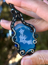 Load image into Gallery viewer, Artisan cab (Marina rabinskaya) blue onyx bat with lapis lazuli + onyx gem accents wire wrapped pendant necklace
