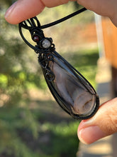 Load image into Gallery viewer, Montana agate with labradorite + garnet gem accents wire wrapped pendant necklace
