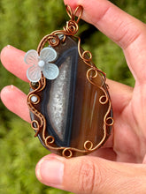 Load image into Gallery viewer, Black Agate with Angelite + obsidian gem accents wire wrapped pendant necklace
