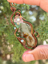 Load image into Gallery viewer, Artisan cab (johari gems) garden quartz with tree agate, peridot,  moonstone gem accents wire wrapped  pendant necklace
