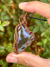 Load image into Gallery viewer, ARTISAN CAB (flintstone studio) Indonesian purple moss agate with amethyst + garnet inclusions wire wrapped pendant necklace
