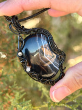 Load image into Gallery viewer, Black banded agate with labradorite + onyx gem accents wire wrapped pendant necklace
