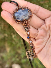 Load image into Gallery viewer, Iolite with moonstone + lapis lazuli gem accents wire wrapped skeleton key pendant necklace
