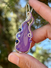 Load image into Gallery viewer, Purple onyx (dyed) with lapis lazuli + aquamarine gem accents wire wrapped pendant necklace
