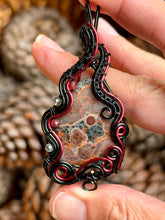 Load image into Gallery viewer, Artisan cab (johari gems) peanut obsidian with rutile quartz + garnet gem accents wire wrapped pendant necklace
