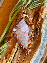 Load image into Gallery viewer, Artisan cab (positive rocks) purple imperial jasper with amethyst + lepidolite  gem accents wire wrapped pendant necklace
