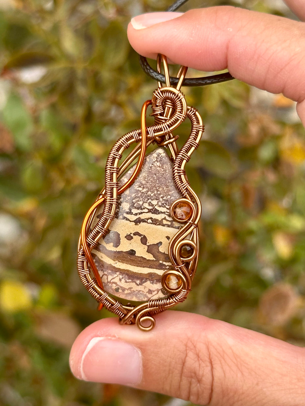 Coffee bean jasper with carnelian and tigers eye gem accent wire wrapped pendant talisman necklace