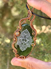 Load image into Gallery viewer, artisan cab (Marina Rabinskaya) serpentine with lotus design with prehnite + citrine gem accents wire wrapped pendant necklace
