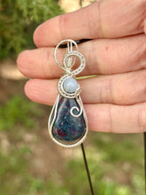 Load image into Gallery viewer, Ruby in kyanite with aquamarine gem accents wire wrapped pendant necklace

