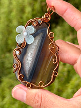 Load image into Gallery viewer, Black Agate with Angelite + obsidian gem accents wire wrapped pendant necklace
