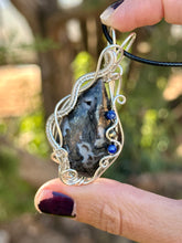 Load image into Gallery viewer, ARTISAN CAB (flintstone cabs) Marcasite in black agate with lapis lazuli + pyrite gem accents wire wrapped pendant necklace
