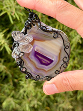 Load image into Gallery viewer, Purple agate with onyx + strawberry quartz gem accent wire wrapped pendant
