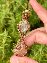 Load image into Gallery viewer, Herkimer diamond + Libyan desert glass double decker  wire wrapped pendant necklace
