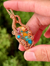 Load image into Gallery viewer, Artisan cab (johari gems) spiny oyster turquoise composite with  turquoise + peach moonstone gem accents wire wrapped pendant necklace
