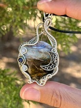 Load image into Gallery viewer, ARTISAN CAB (positive rocks) Common Blue Scenic Opal with Angelite and lapis lazuli inclusions wire wrapped pendant talisman necklace
