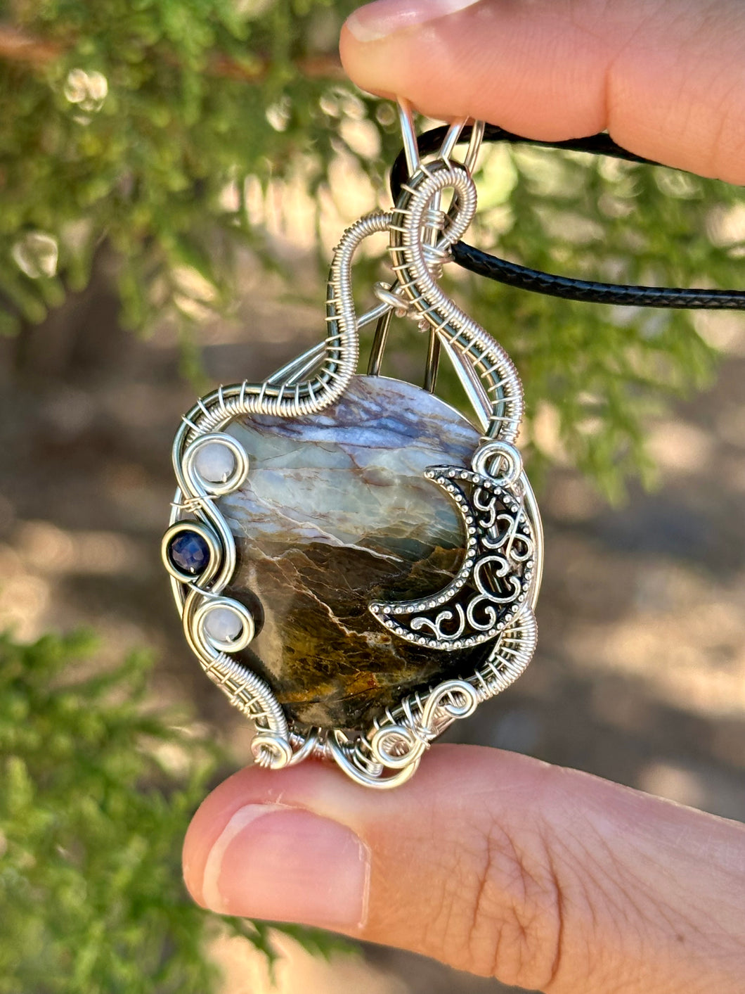 ARTISAN CAB (positive rocks) Common Blue Scenic Opal with Angelite and lapis lazuli inclusions wire wrapped pendant talisman necklace