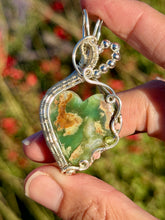 Load image into Gallery viewer, Chrysoprase with rhodochrosite + peridot gem accents wire wrapped pendant necklace
