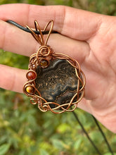 Load image into Gallery viewer, Black Crazy Lace Agate with red jasper + tigers eye gem accents wire wrapped pendant necklace

