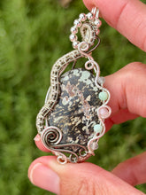 Load image into Gallery viewer, Artisan cab (johari gems) kammererite with green fluorite, chrysoprase, pink opal gem accents wire wrapped pendant necklace

