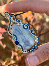 Load image into Gallery viewer, Reserved for Amy f DUO TONED WIRE blue scheelite with blue apatite + lapis lazuli inclusions Wire wrapped pendant
