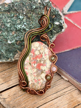 Load image into Gallery viewer, Unakite with rose quartz + peridot gem accent wire wrapped pendant necklace
