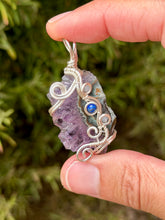 Load image into Gallery viewer, Amethyst stalactite with aquamarine + lapis lazuli gem accents wire wrapped pendant necklace
