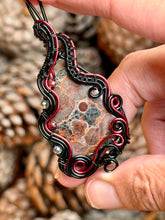 Load image into Gallery viewer, Artisan cab (johari gems) peanut obsidian with rutile quartz + garnet gem accents wire wrapped pendant necklace
