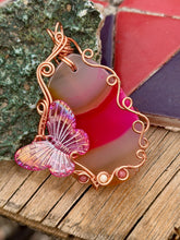 Load image into Gallery viewer, Pink agate with thulite  + mother of pearl gem accents with butterfly charm wire wrapped pendant necklace
