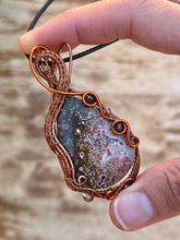 Load image into Gallery viewer, DUO TONED WIRE + DESIGNER CAB ocean jasper with garnet + carnelian inclusions  Wire wrapped pendant
