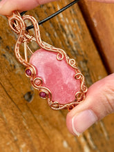 Load image into Gallery viewer, DESIGNER STONE Rhodochrosite with ruby + thulite inclusions Wire wrapped pendant
