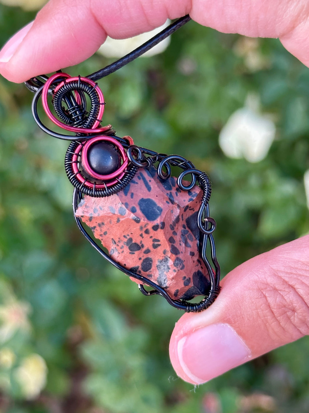 Mahogany obsidian with Shungite gem accent wire wrapped pendant necklace