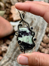 Load image into Gallery viewer, Artisan cab (johari gems) kammererite with blue goldstone + labradorite gem accents wire wrapped pendant necklace
