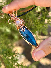 Load image into Gallery viewer, Azurite with moonstone inclusion wire wrapped pendant talisman necklace
