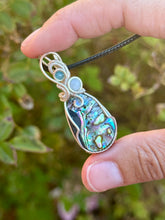 Load image into Gallery viewer, Abalone with aquamarine + blue apatite gem accents wire wrapped pendant necklace
