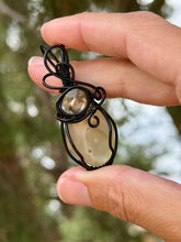 Load image into Gallery viewer, Libyan desert glass with faceted citrine gem accent wire wrapped pendant necklace

