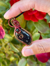 Load image into Gallery viewer, Eudialyte with obsidian gem accent wire wrapped pendant necklace

