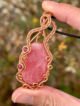 Load image into Gallery viewer, DESIGNER STONE Rhodochrosite with ruby + thulite inclusions Wire wrapped pendant
