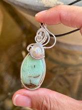 Load image into Gallery viewer, Chrysoprase with pearl inclusions wire wrapped pendant necklace
