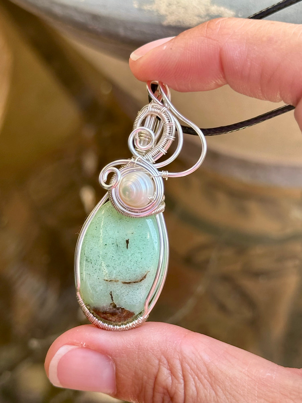 Chrysoprase with pearl inclusions wire wrapped pendant necklace