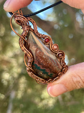 Load image into Gallery viewer, ARTISAN STONE (sunset lapidary) Idaho Sunset Seam Agate with Mookaite + carnelian gem accents wire wrapped pendant necklace
