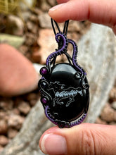 Load image into Gallery viewer, Artisan cab (Marina Rabinskaya) black onyx with amethyst + blue goldstone wire wrapped pendant necklace
