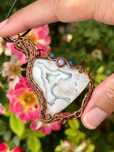 Load image into Gallery viewer, Reserved for Ann C White Tube Agate (cab by positive rocks) with sodalite + lepidolite inclusions wire wrapped talisman pendant necklace
