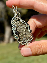 Load image into Gallery viewer, Pyrite druzy with blue apatite + sapphire gem accents wire wrapped pendant necklace
