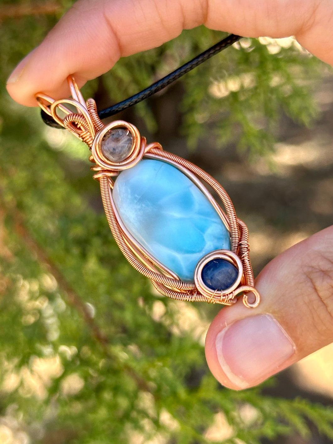 Larimar with blue kyanite + super 7 inclusions wire wrapped pendant necklace talisman
