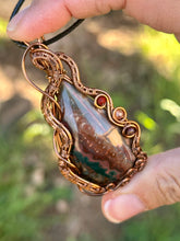 Load image into Gallery viewer, ARTISAN STONE (sunset lapidary) Idaho Sunset Seam Agate with Mookaite + carnelian gem accents wire wrapped pendant necklace

