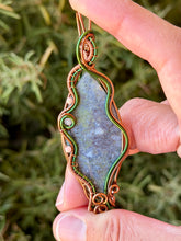Load image into Gallery viewer, Artisan cab (positive rocks) Indonesian moss agate with rhodochrosite + rose quartz gem accents wire wrapped pendant necklace
