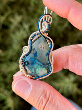 Load image into Gallery viewer, Artisan stone (positive rocks) blue crazy lace agate with aquamarine gem accent wire wrapped pendant necklace
