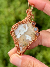 Load image into Gallery viewer, Artisan cab (positive rock) white plume agate with amethyst + aquamarine gem accents wire wrapped pendant necklace
