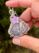Load image into Gallery viewer, Purple morado opal with amethyst + strawberry quartz gem accents wire wrapped pendant necklace
